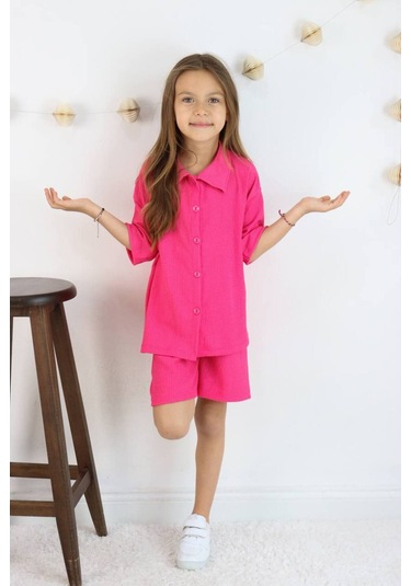 Gömlek Oversize Kız Şort Takım Canlı Fuşya