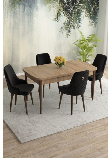 Meri Serisi 80x132 Açılabilir Mdf Meşe Masa Takımı 4 Lacivert Sandalye Kahve Ayak Siyah