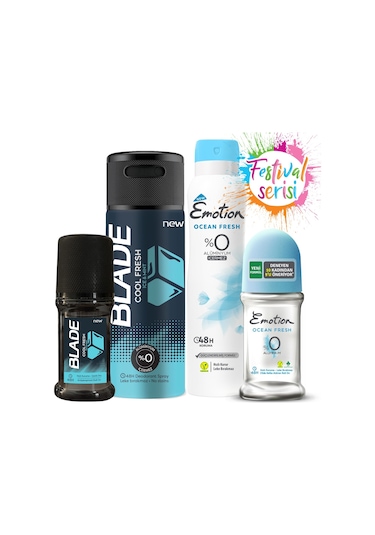 Emotion Ocean Fresh Kadın Sprey Deodorant 150 ML + Roll-On 50 ML + Blade Cool Fresh Erkek Deodorant 150 ML + Roll-On 50 ML