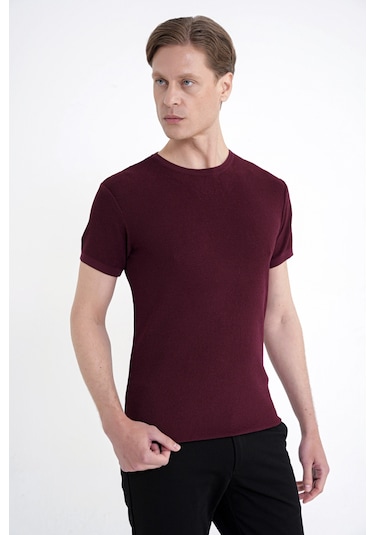 Efor Comfort Fit Rayon Karışımlı Bordo Bisiklet Yaka Tişört Ts 925