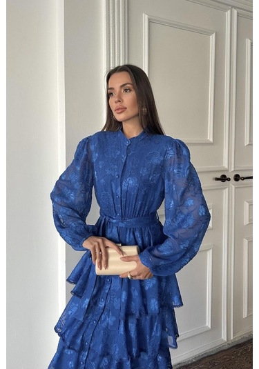 The İstanbul Saks Valonlu Şeritli Kat Kat Elbise Saks