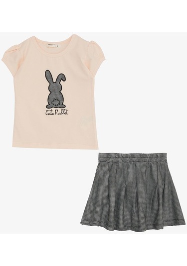 Breeze Kız Çocuk Etekli Takım Şirin Tavşancık Baskılı 3-8 Yaş, Pudra-pudra Pudra