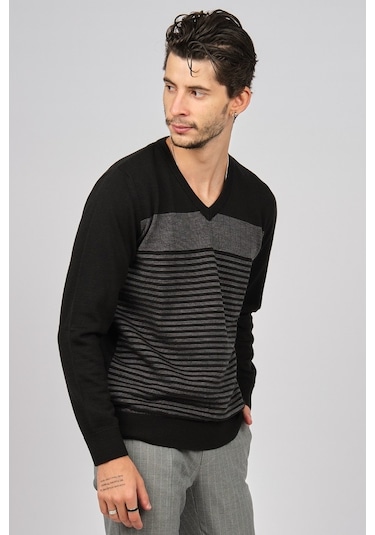 Desen Triko Erkek Desenli V Yaka Yün Kazak 0249640 Siyah Siyah