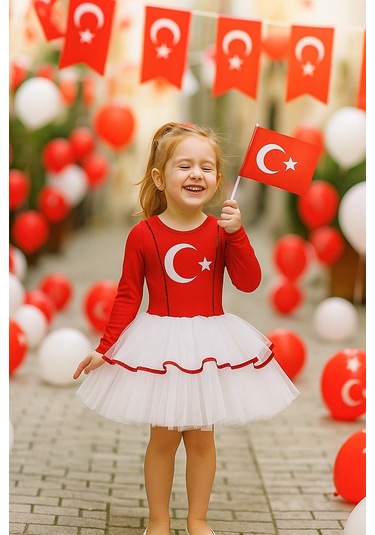 Türk Bayraklı Milli Bayramlar 4-5 Yaş Beyaz Tütülü Kırmızı Beyaz Kostüm