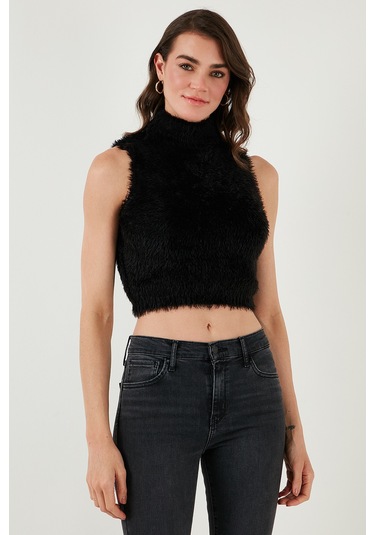 Lela Yumuşak Tüylü Slim Fit Balıkçı Yaka Crop Bayan Süveter 4615566 Siyah