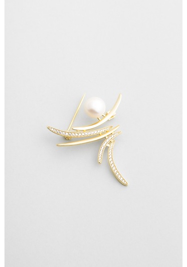 Liora İnci 18 Ayar Sarı Altın Kaplama Gümüş Broş Sarı