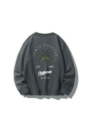 Santa Barbara Kışlık Kalın Sweatshirt - Füme Baskılı Oversize Kalın Kışlık Bisiklet Yaka Füme