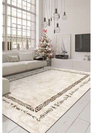 Zeminde Geleneksel İzler Geometrik Motifli Bej Renkli Kaymaz Taban Halı Bej