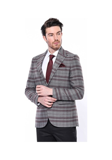 Ekose Desenli Slim Fit Bordo Erkek Ceket 001