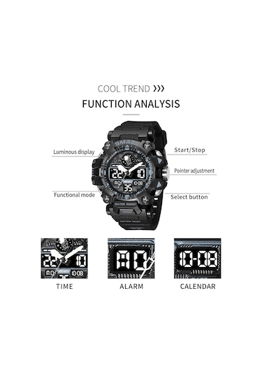 Erkekler Saatler Spor Açık Hava Su Geçirmez Askeri Saat Erkekler İçin Büyük Çift Time Bölgesi Tarih Çok İşlev Sıradan İş Bileklik Taktikleri Alarm Alarm Kronç 8078-black Siyah