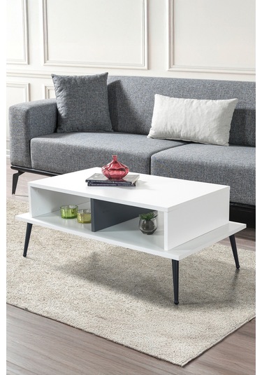 2012 Şile Metal Ayaklı Orta Sehpa , Salon Sehpası Beyaz - Antrasit Beyaz - Antrasit