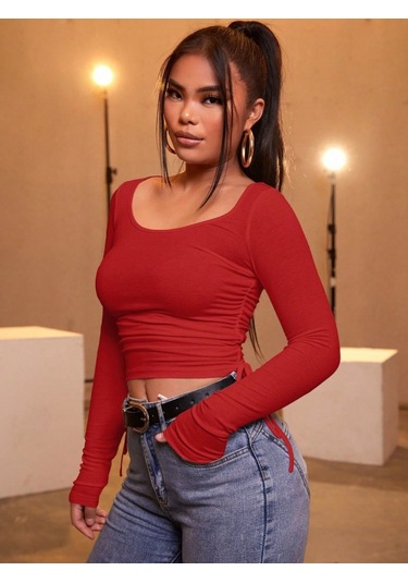 Efnaz Style Kadın Kırmızı Kaşkorse Kumaş Bluz