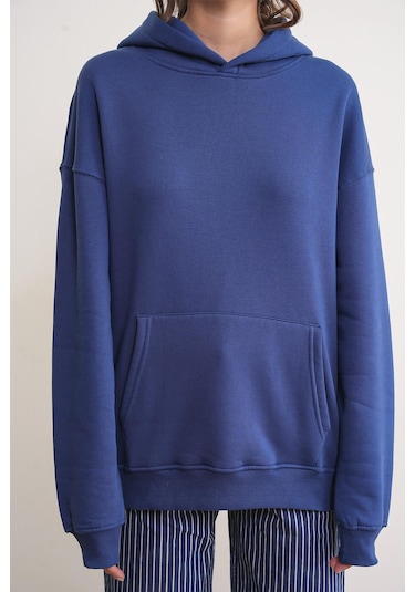 Mixray 2022 Unisex 3iplik Basic Polarlı Kapüşonlu Sweatshirt Hoodie Lacivert