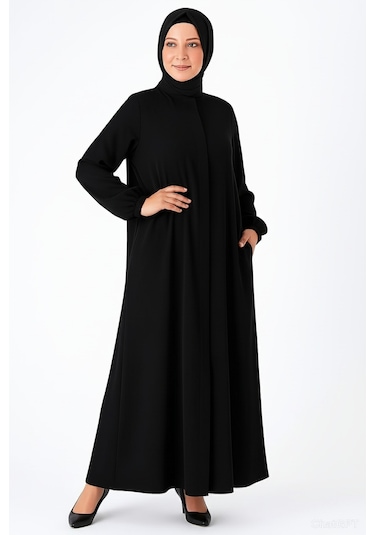 Medine İpeği Mevlana Kesim Cepli Kuşaklı Bol Ferace 4000-siyah Siyah