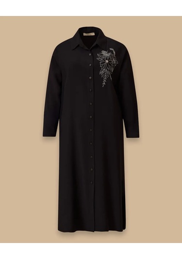 Büyük Beden Nakış Detaylı Düğmeli Elbise Gala-xi Siyah