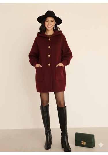 Kadın Oversize Bol Kesim Diz Üstü Siyah Kaban Büyük Cepli Yünlü Kumaş Kapüşon Detaylı Bordo