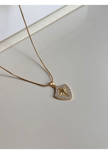 Zirkon Taşlı Plakada Kuzey Yıldızı Gold Çelik Kolye Altın