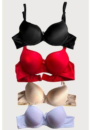 Siyah-beyaz-kırmızı-ten 4'lü Dolgulu Push Up Micro Balenli Günlük Tek Destekli Sütyen Görsel