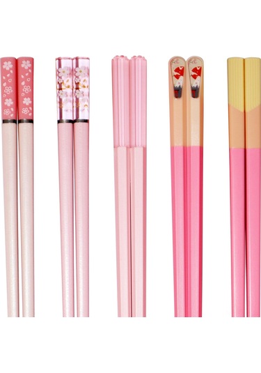 Ximistore9 5 Çift Pembe Cam Fiber Çubuk, Japon-kore Stili, Yeniden Kullanılabilir, Kaymaz, Bulaşık Makinesine Uygun, 9.6 İnç, 5 Farklı Desen Pembe