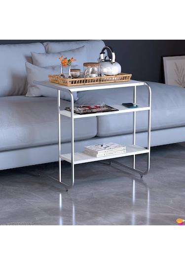 Modilayn C Yan Sehpa Geniş Boy Tekerlekli Çalışma, Atıştırmalık, Yemek, Laptop Sehpası Beyaz Çizgili Beyaz