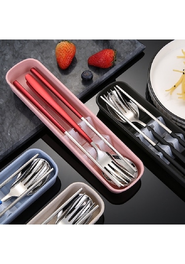 Sones 3 Adet / Set Taşınabilir Paslanmaz Çelik Sofra Takımı Yaratıcı Set Çubuk Kaşık Çatal Hediye, Renk: Siyah