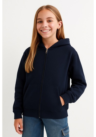 Kız Çocuk Basic Fermuarlı Kapüşonlu Okul Sweatshırt G2025-3-2 Lacivert