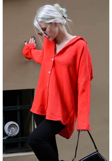 Madmext Kırmızı Muslin Kumaş Basic Kadın Gömlek Mg1660-kırmızı Kırmızı