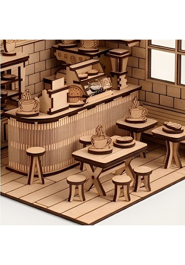 Coffee Shop Ahşap Maket Seti Dıy Miniatür Kafe Peri Led Hediye 214 Parça