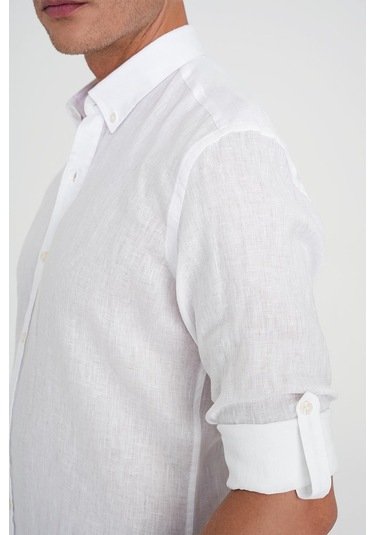 Comfort Fit Düğme Yaka Katlanır Kol %100 Keten Düz Beyaz Gömlek G 1595 Beyaz