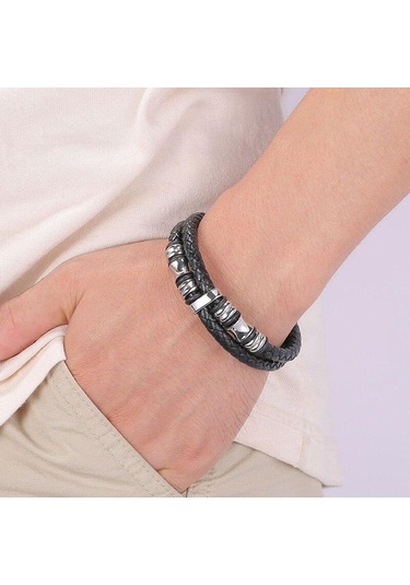 Punk Paslanmaz Çelik Metal Tokalı Erkek Takı İki Katmanlı Gerçek Deri Bileklik Siyah Charm'lı Hiphop Bileklik Siyah