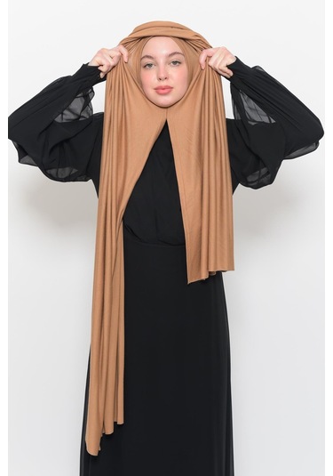 Hazır Pratik Geçmeli Lüks Düz Penye Şal Çapraz Hizalı Koyu Bej