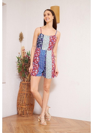 Bordo Desenli Patchwork Şort Tulum Dm4003 Mavi