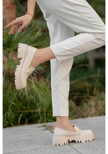 Garantili D124 Kadın Kalın Taban Zincirli Loafer Günlük Ayakkabı Bej
