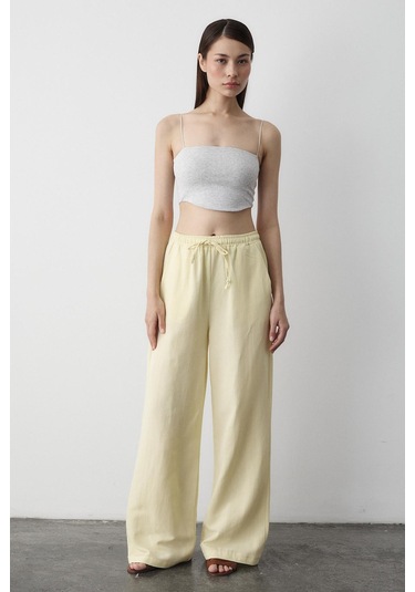 Sarı Beli Lastikli Pamuklu Keten Pantolon Sarı