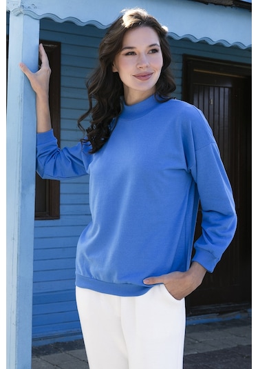 Lela Pamuklu Dik Yaka Basic Örme Bayan Sweat 5863323 Turkuaz