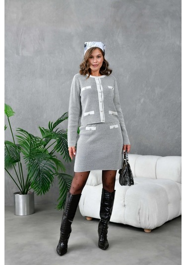 Kadın Düğme Detay Etekli İkili Triko Takım Taş