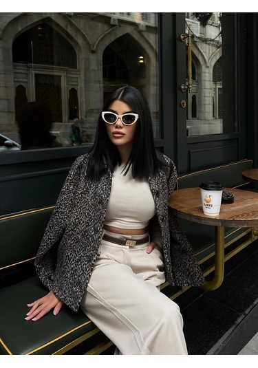 Cemo Leopar Desenli Kaşe Kısa Kaban Ceket Leopar