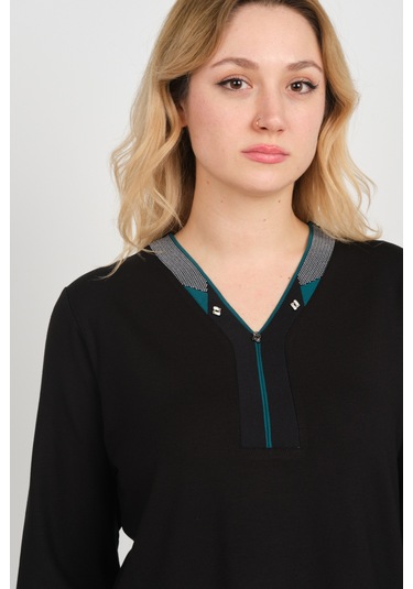 Detay Triko Kadın V Yaka Ve Yakası Taş Detaylı Uzun Kollu Anne Bluz 5711 Siyah Siyah