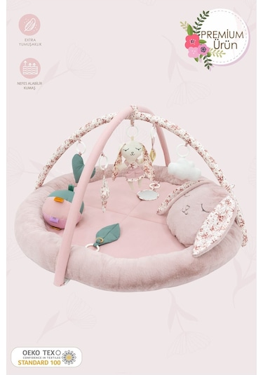 Mordesign Bebek Oyun Alanı, Tavşanlı Bebek Aktivite Matı, Güvenli Ve Yumuşak Oyun Matı, Baby Gym Serisi, Pudra