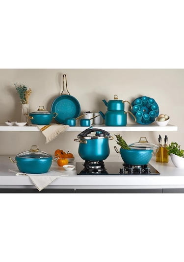 3519 - 16 Parça - Bio Granit -tencere, Tava, Düdüklü Tam Çeyiz Seti, Mentol Y. Gövde - Gold Detay Yeşil