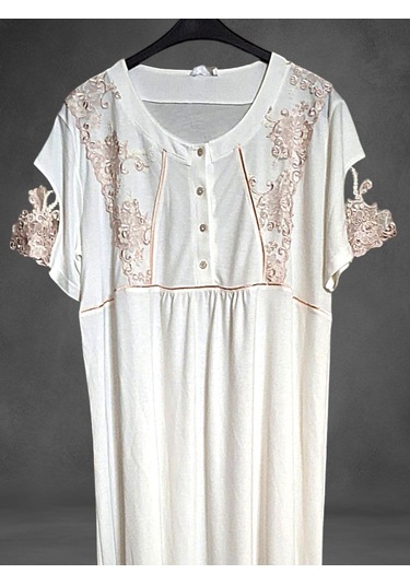 Kısa Kol Dantel Detaylı Kadın Gecelik Ekru