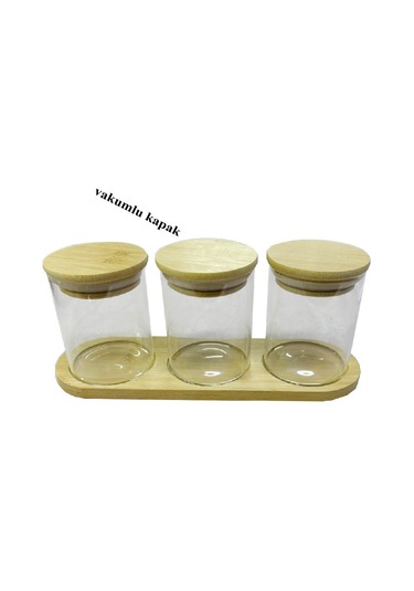 Bambu Standlı 3 Lü Mini Baharatlık Seti Vakum Kapaklı Kavanoz 7x6 Cm Stand 22x7 Cm Şeffaf