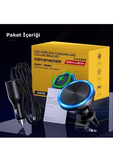 Gw02 Izgara Klipsli Işıklı Soğutmalı Ayaklı 30w Kablosuz Şarjlı Magsafe Araç İçi Telefon Tutucu Siyah