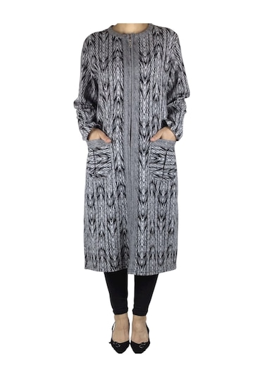 Kadın Önü Fermuarlı Üstten Cepli Kalın Kap Gri