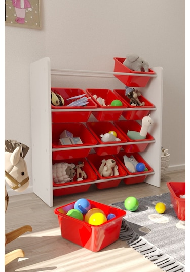 12 Sepetli Çok Amaçlı Oyuncak Dolabı Montessori Dolap Kırmızı