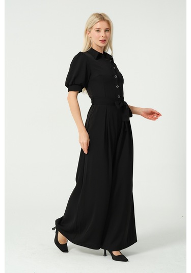 Balon Kol Bağcık Detaylı Tulum Siyah