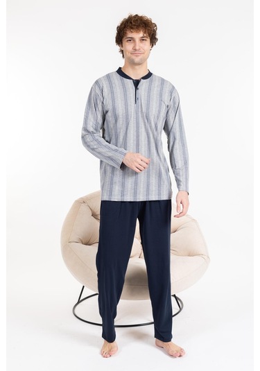 Erkek Penye Pamuk Regular Kalıp Sıfır Yaka Kaliteli Pijama Takımı A803123-açık Gri Açık Gri