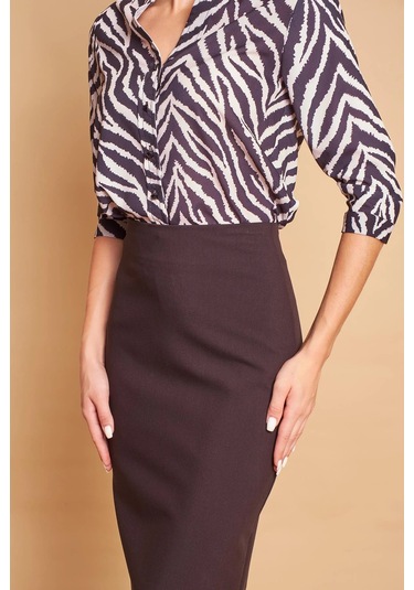 Astarlı Yüksek Bel Diz Altı Hafif Likralı Yırtmaçlı Kumaş Ofis Kalem Etek -siyah Siyah