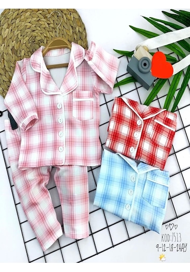 9-12-18-24 Ay Düğme Kapamalı Ekose Desenli 2li Kız Erkek Bebek Pijama Takımı Pembe