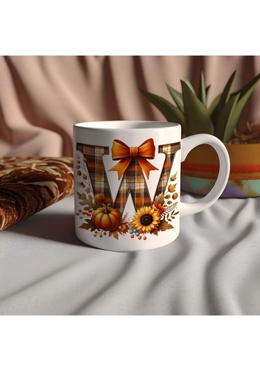 W Harfi Ekose Ve Sonbahar Temalı Kupa Bardak - Kişiye Özel Sıcak Tonlar Alfabe Kupa - Hediye Beyaz